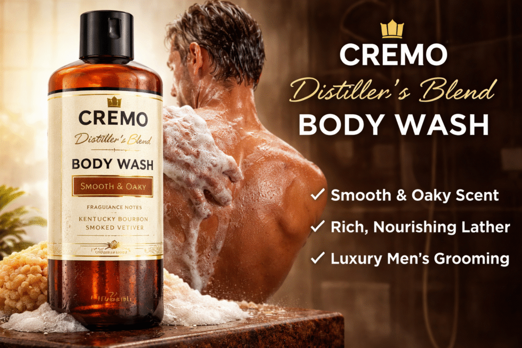 Cremo Distiller’s Blend Body Wash bottle with smooth and oaky fragrance
