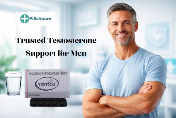 Trusted testosterone support for men with Testoki tablets displayed alongside a confident middle-aged man and pills4cure branding