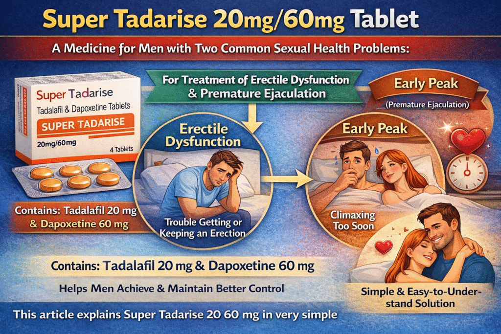 Illustration of Super Tadarise 20 60 mg tablet showing treatment of erection problems and early climax in men.